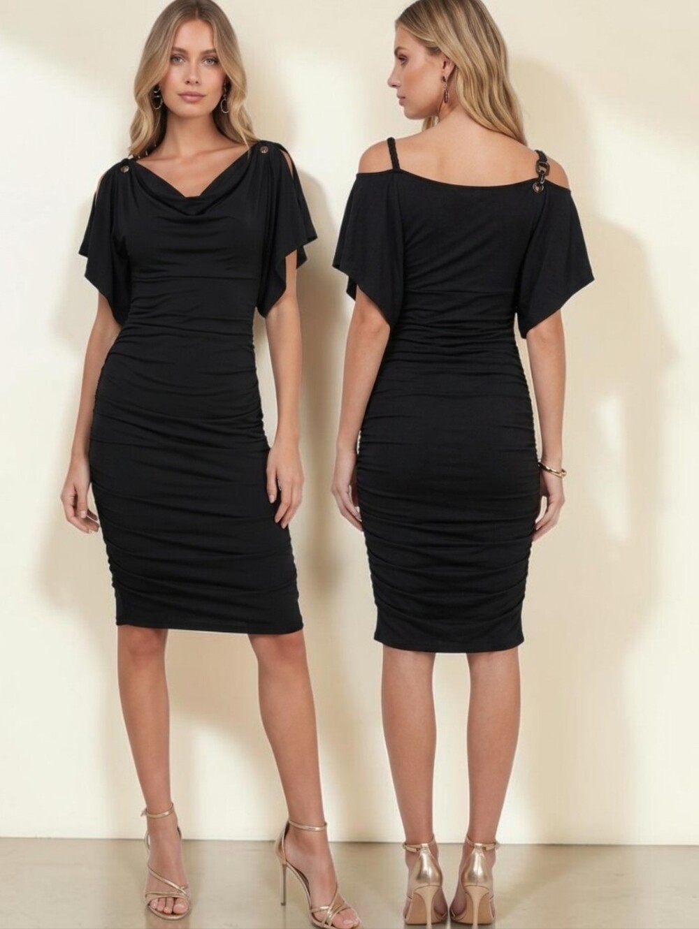 CATHERINE MALANDRINO Black Cowl Neck Ruched Bodycon Dress - Size 4